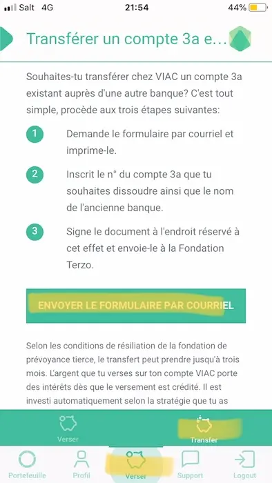 Step 1: from the app, go to Send money (middle icon at the bottom), then click on Transfer, and finally Send the form by email
