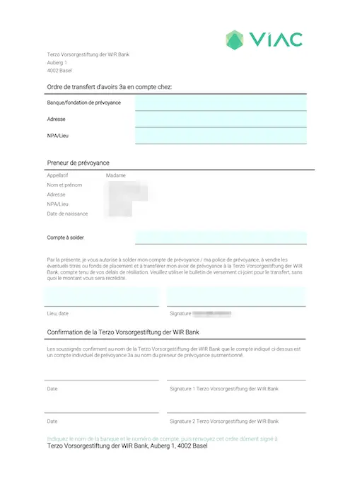 Step 3: PDF to send to the financial institution of your current 3rd pillar that you wish to transfer — VIAC takes care of everything, it's great!