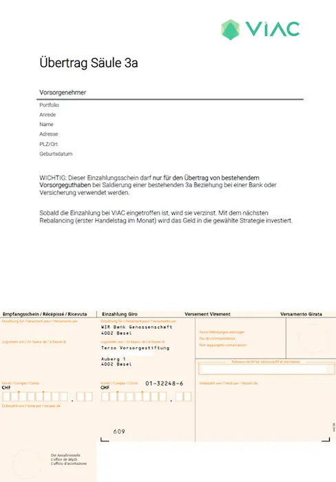 Schritt 3 b: zweite Seite des PDFs für dein Finanzinstitut, wo du derzeit deine 3. Säule hast, die du transferieren willst. Es ist fantastisch, VIAC kümmert sich um alles.