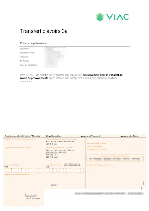 Step 3 bis: second page of the PDF to send to the financial institution of your current 3rd pillar that you wish to transfer — VIAC takes care of everything, it's great!