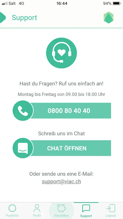 Bildschirm mit Zugang zum VIAC-Support, noch nicht getestet, abgesehen von dem sehr effektiven Austausch mit Daniel, CEO von VIAC, beim Schreiben dieses und des vorigen Blogposts