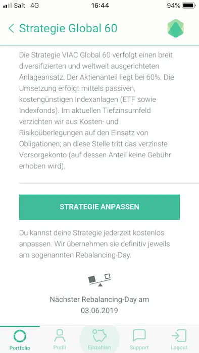 Bildschirm für das Ändern der Investmentstrategie – Änderungen treten am 1. des folgenden Monats in Kraft