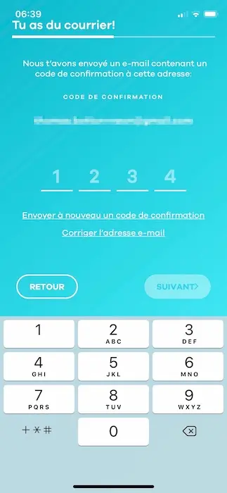 Saisie du code de confirmation pour valider l'enregistrement