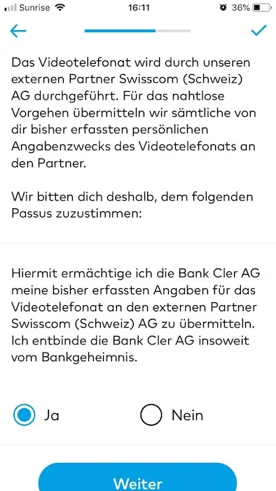 Legal blabla for the terms and conditions of the external partner Swisscom who is in charge to perform the identity verification for the Cler/Zak Bank