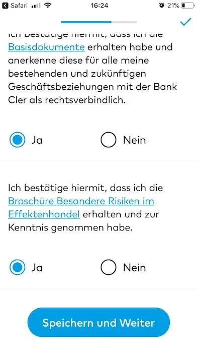 Legal blabla to make me acknowledge that I received all the documents of my commercial relationship with the Bank Cler and that those are legally binding (no, really !?), and also that I received the securities trading risk brochure (fortunately, I only open a private account, but well...)