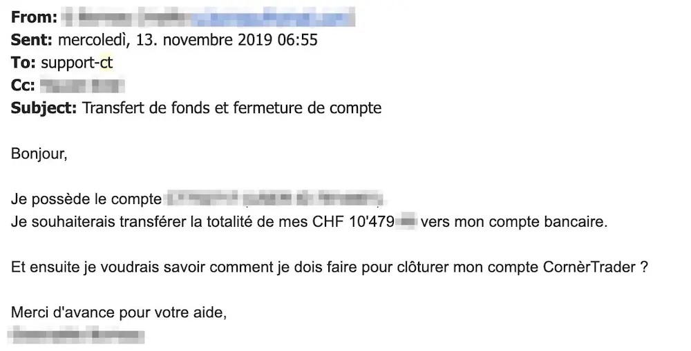 Demande de transfert de fonds et clôture de compte au support Cornèrtrader
