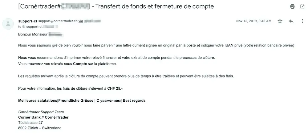 Réponse du support de Cornèrtrader
