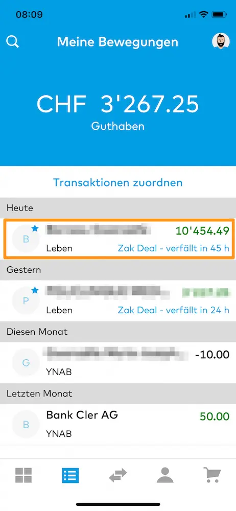 Réception du virement bancaire des fonds Cornèrtrader sur mon compte bancaire suisse Zak