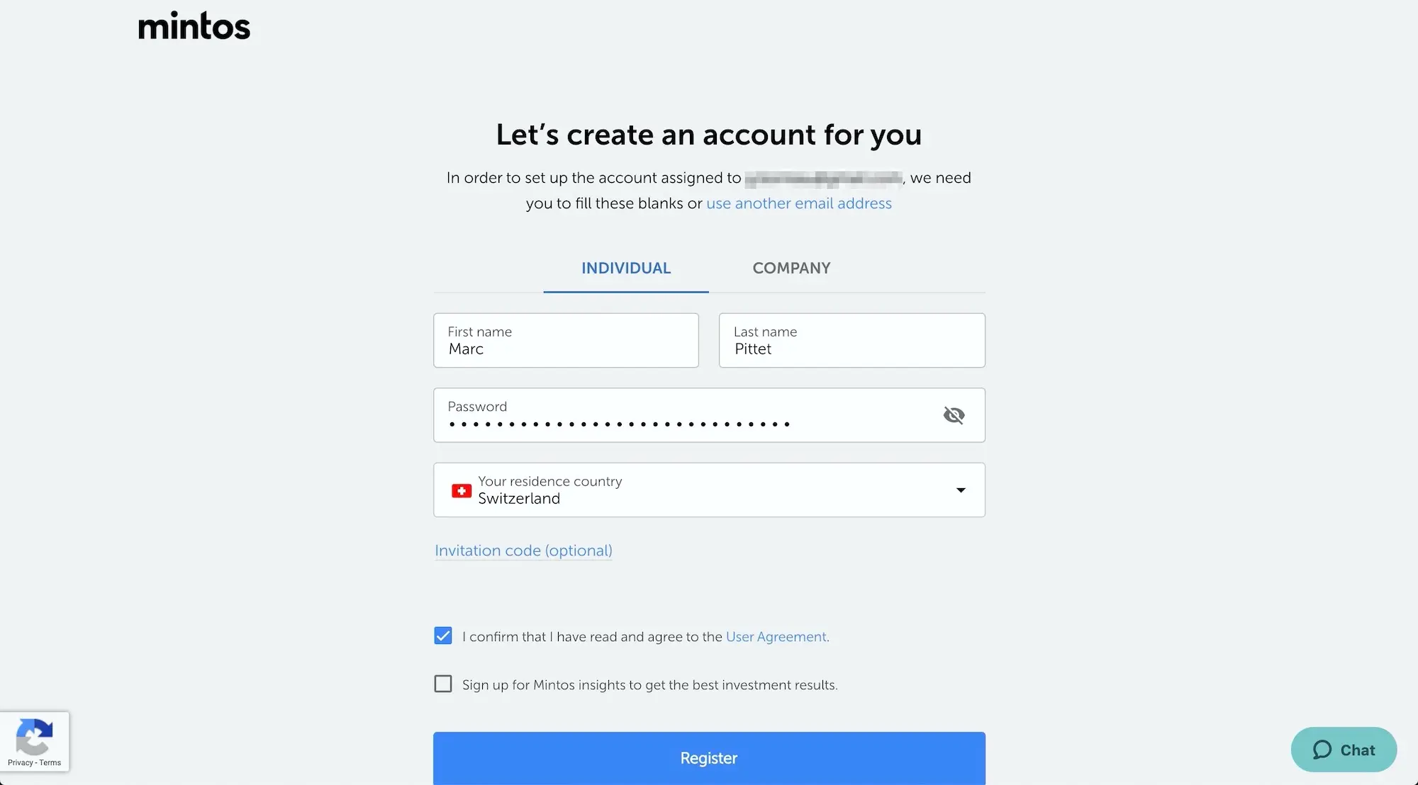 Indicate your name, first name, password, country where you live, and accept the terms and conditions (the last checkbox is to receive their newsletter, no thanks ;))