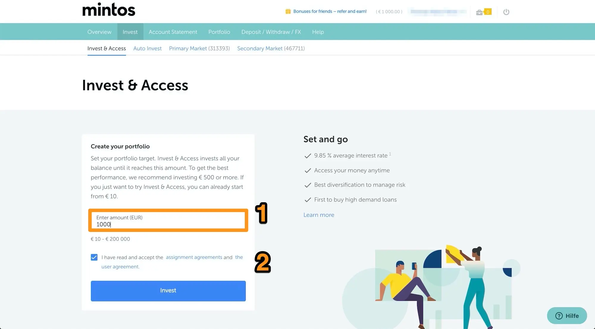 Let's get down to business: choose how much you want to invest (1) and read and accept the Mintos terms and conditions (2)