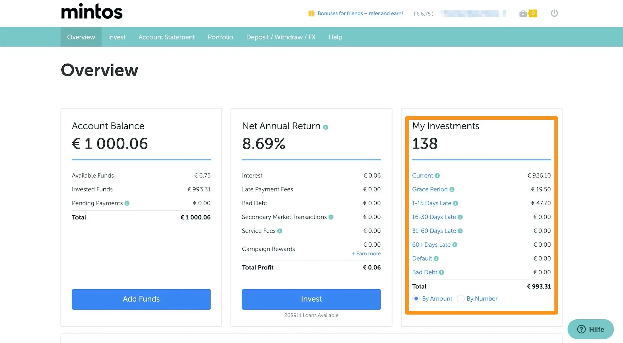 You can see on this last screenshot the status of my account after a few days with several loans that are in arrears. If one of them is more than 60 days overdue, the originator of the loan will reimburse my invested capital and interest thanks to the famous buyback guarantee