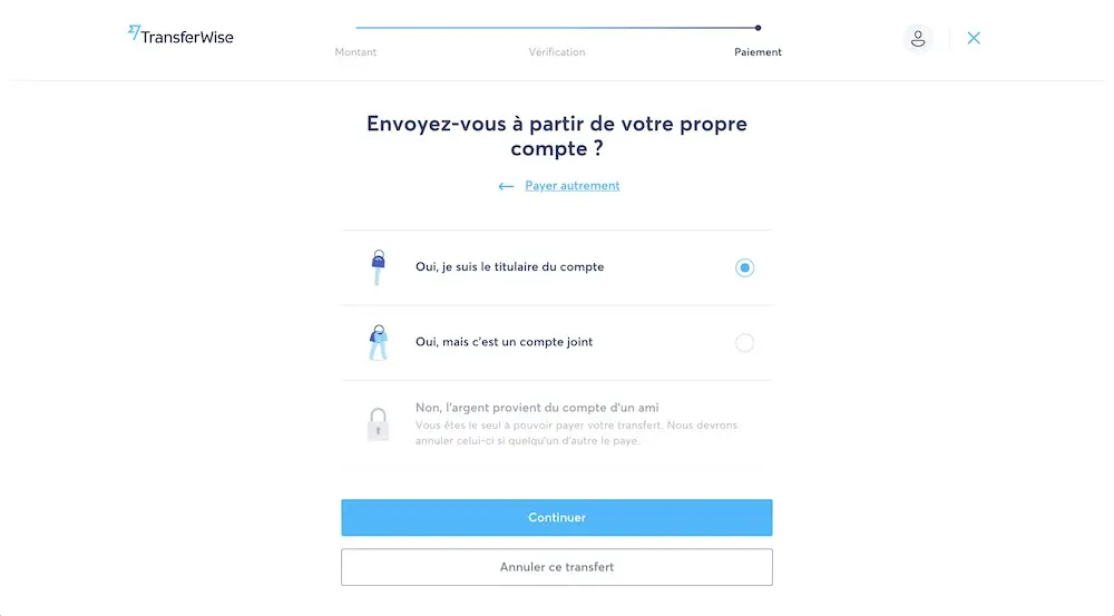 Choice of payment method for my Wise, formerly TransferWise account top-up: via bank transfer because it's free (other options are subject to a fee) (bis)