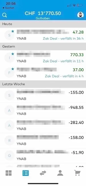ATM withdrawals and other payments in CHF via my Maestro Zak card appear like this in the Zak mobile app