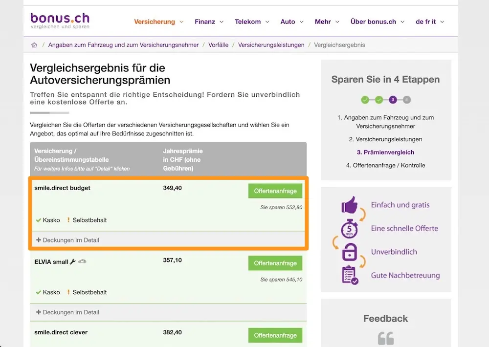 Vergleichstests meiner Schweizer Autoversicherung auf dem Online-Vergleichsdienst bonus.ch, hier mit einem Skoda Octavia Combi als Beispiel