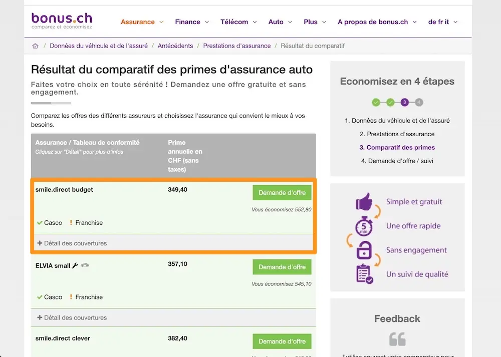 My Swiss car insurance comparison tests on the online comparator of bonus.ch, here with a Skoda Octavia Combi as an example