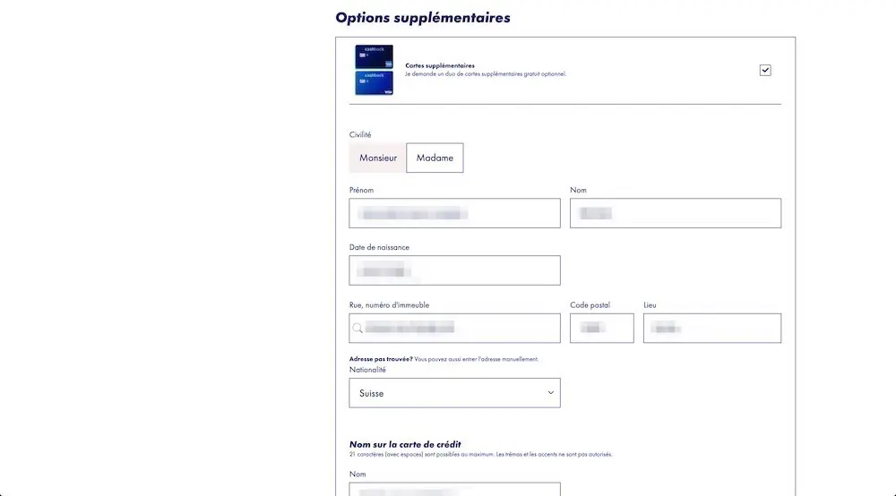 Commande carte de crédit suisse Swisscard Cashback Amex supplémentaire pour Mme MP (gratuite aussi)