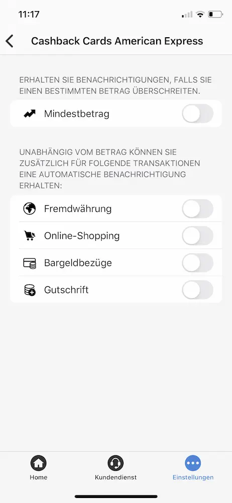 Configuring my cards to receive a push notification every time I spend an amount greater than CHF 0 (i.e. for all transactions :))