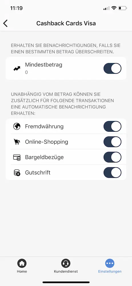 Configuring my cards to receive a push notification every time I spend an amount greater than CHF 0 (i.e. for all transactions :))