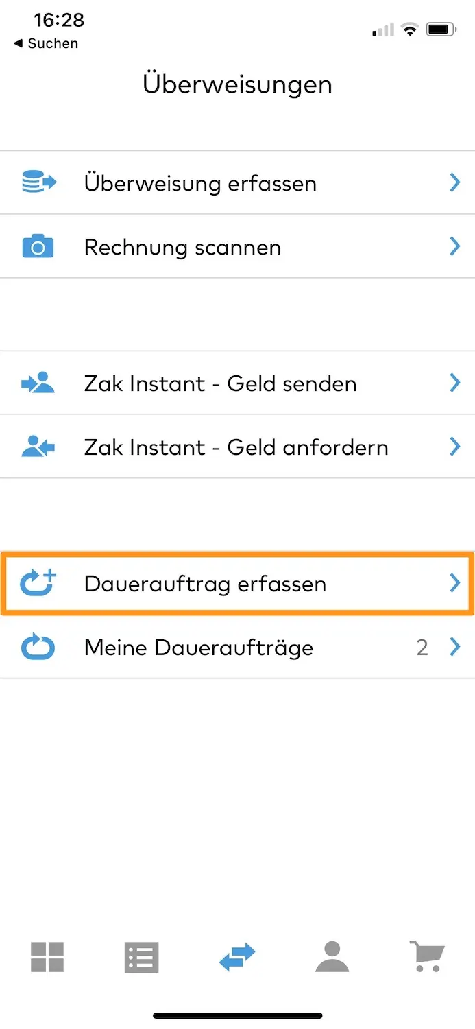 'Wire transfers' view in the Zak mobile app (my Swiss bank)
