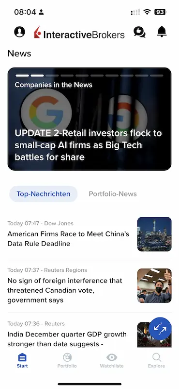 Nachrichten im Zusammenhang mit deinem Interactive Brokers Aktienportfolio in der IBKR GlobalTrader App