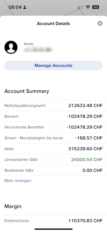 Übersicht über dein Interactive Brokers Konto, mit dem Total deiner Aktiva, deines Cash und dein nicht realisierter G&V, um herauszufinden, wie viel du verdient oder verloren hast, seit du investierst