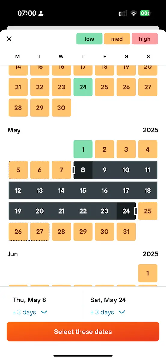 Kayak mobile app for comparing prices of flight tickets (the date selector is really well-designed visually)