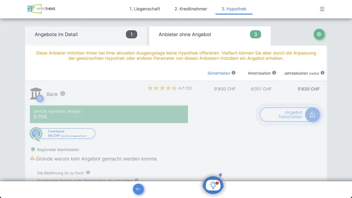 In this other tab, I've got mortgage proposals that will come through if I change certain parameters (I can also call Hypotheke.ch to ask them for help in real time)